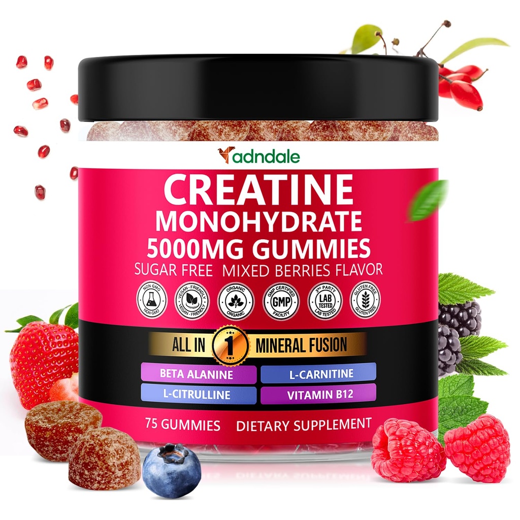 Adndale Creatina Monoidrato Gummies per Uomini & Donne, 5000mg per Serving Creatina Supplemento con Beta-Alanine, L-Citrulline & B12 - 75 Vegan Gummies. Senza zucchero