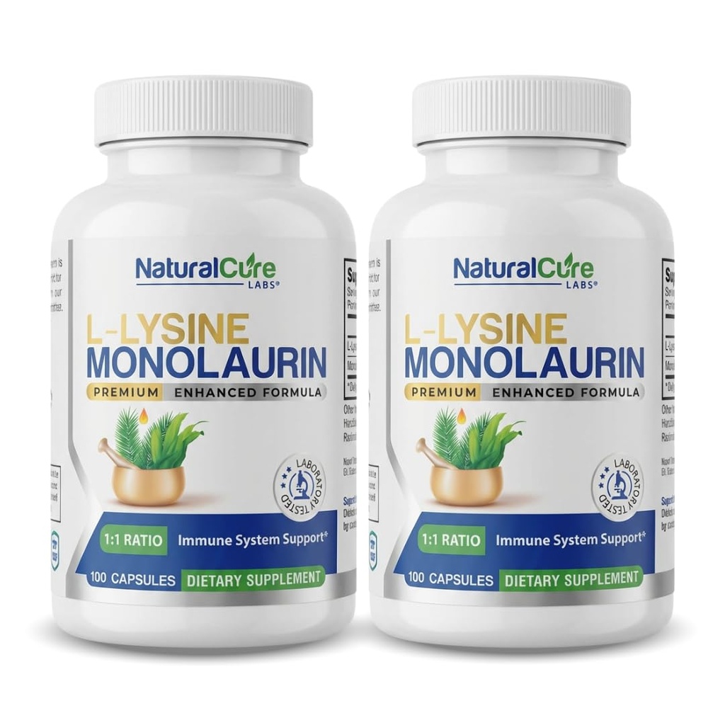 Natürliche Cure Labs L-Lysine + Monolaurin 600mg 1:1 Ratio, 2 Packung, 200 Kapseln