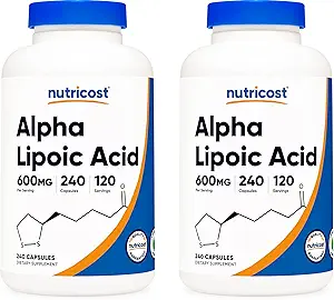 Acide alpha lipoïque Nutricost 600mg, 240 Capsules végétariennes - Sans gluten, sans soja et sans OGM, 120 portions (2 bouteilles)