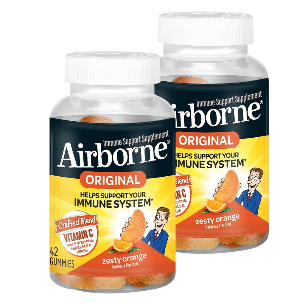 Airborne 750mg Vitamin C Immune Support Supplemento Gummies per adulti, Zesty Orange Flavor, Gluten Free Crafted Blend with Powerful Antioxidants Vitamins C & E, 42 Gummies (2 Pack)