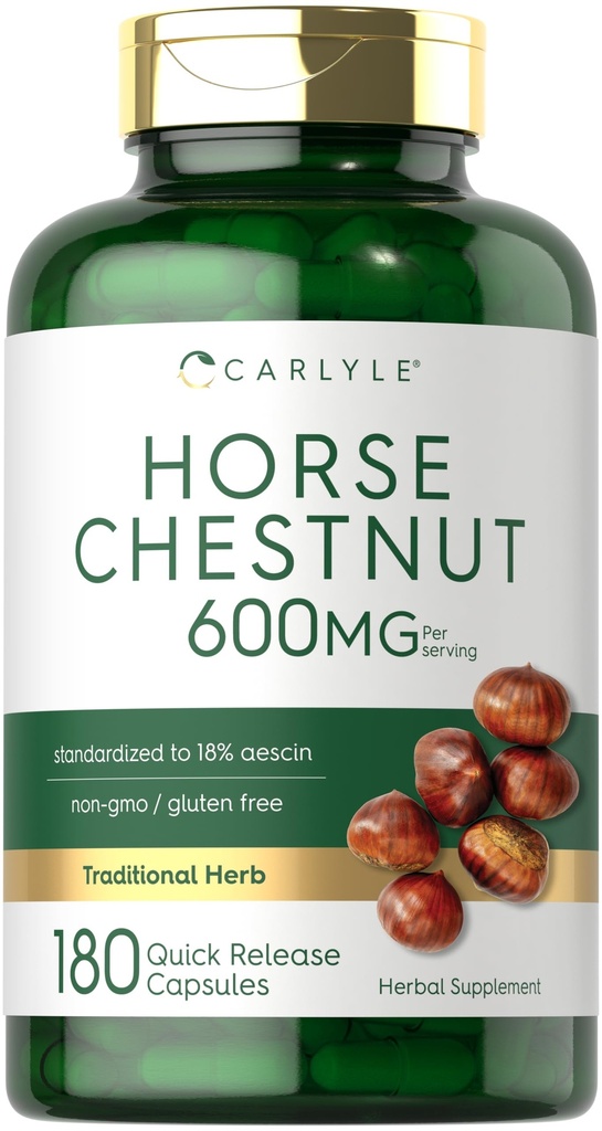 Extrait de châtaigne de cheval Carlyle 600 mg 180 capsules Supplément à base de plantes Non-OGM, sans gluten