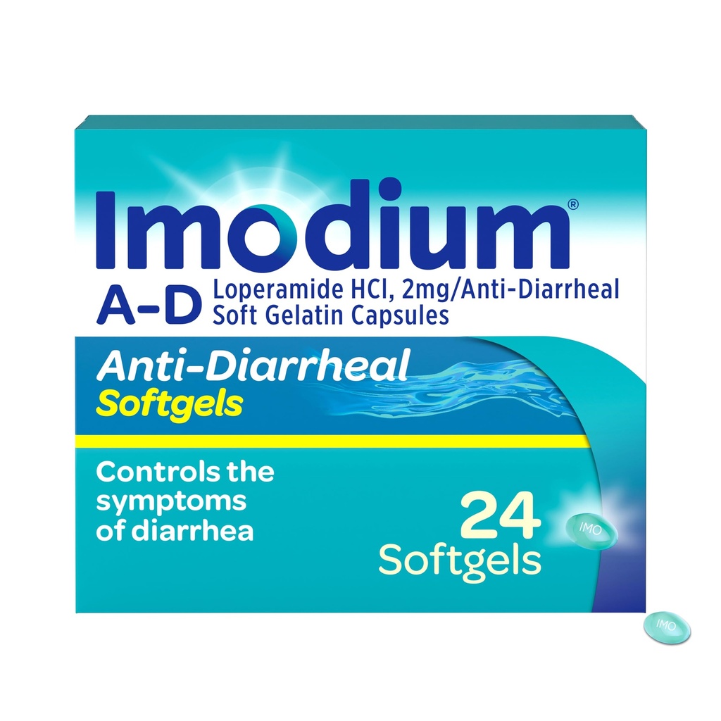 Imodium A-D Fast-Acting Anti-Diarrheal Softgels, Loperamide HCl 2 mg, viaggio Essential Diarrhea Relief Medicine per adulti, 24 Conte, Anti Diarrea Pillole, Età 12+, Facile da ingoiare