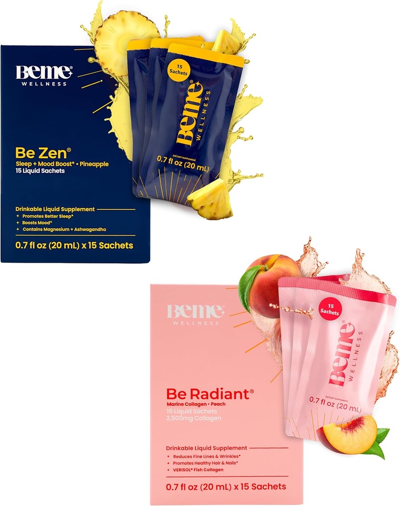 BeMe BeRadiant Peach & BeZen Bundle - Flüssige Kollagen & Magnesium Glycinat L-Theanin Ergänzungen