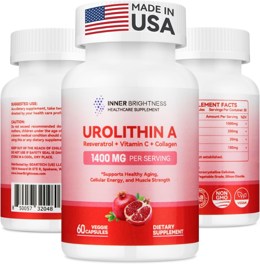 Urolithin Eine Ergänzung 1400 MG - Non-GMO, Glutenfrei, Anti-Aging, Cellular Renewal, Muskelkraft, Ausdauer & Langlebigkeit Unterstützung, Liposomal Urolithin A, 60 Zähler