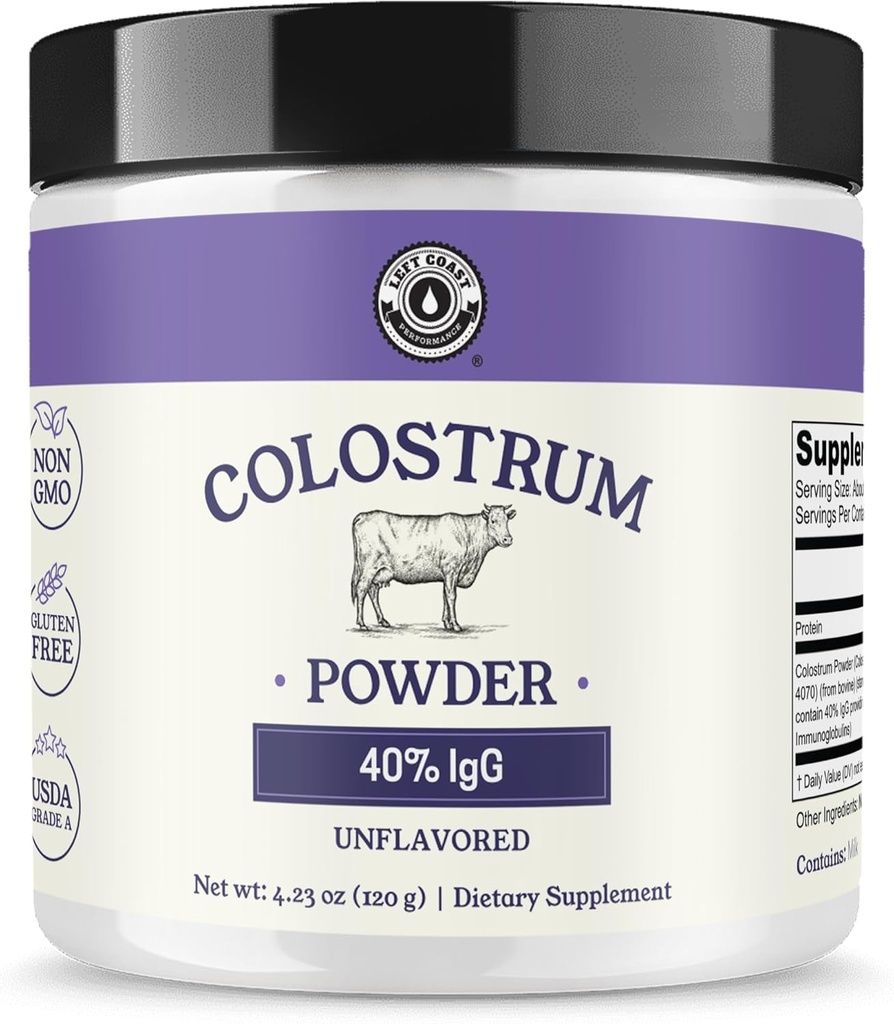 Colostrum Powder 40% IgG – USA Sourced Bovine Colostrum Supplemento per il supporto immunitario, Gut Health, recupero del muscolo e benessere generale - Single Ingredient, No Additives, Non-GMO - 60 porzioni