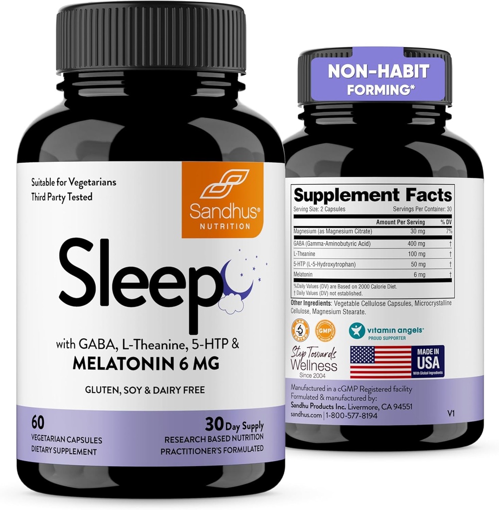 Sandhu's Sleep 60 Capsules – Non-Habit Forming 5-in-1 Sleep Aid Supplement con Melatonina, Magnesio, GABA, L-teanina & 5-HTP