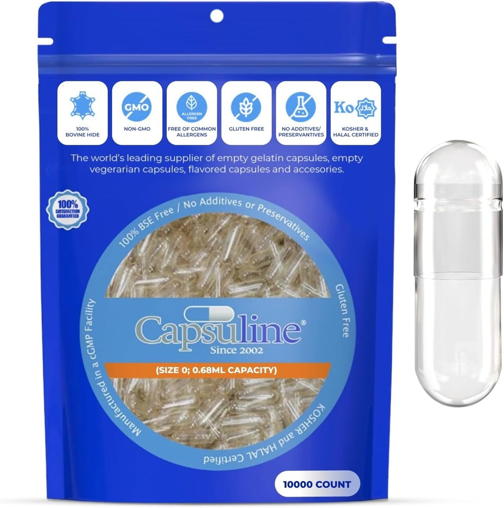 Capsuline Size 0 Empty Gelatin Capsule, Clear - 10000 Count | Gluten Free, Kosher, Non OGM Certified | Pure Bovine Pill Caps for DIY Supplement Filling