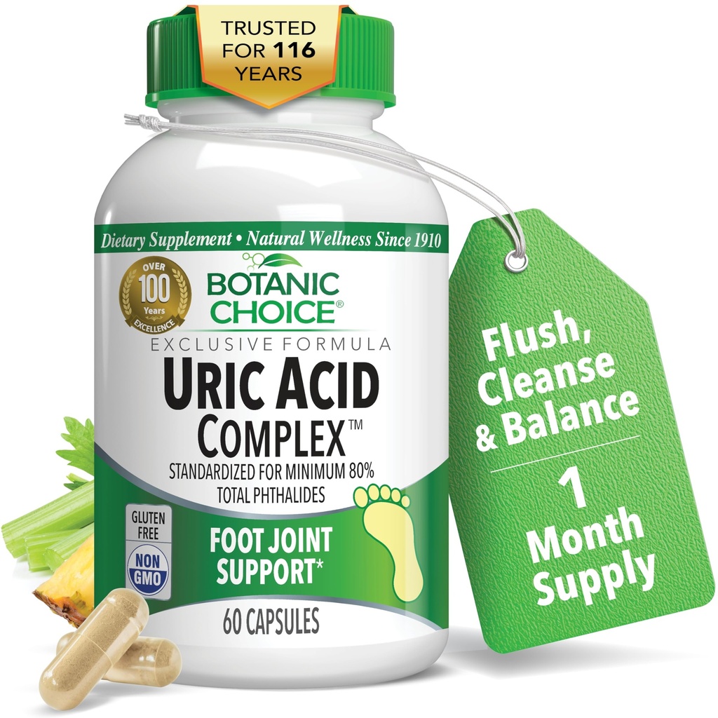 Botanische Wahl Uric Acid Complex Supplement - Fussgelenk-Support-Help Beruhigen Sie sich mit Celery Seed & Bromelain -Gluten Free, Non-GMO, 60 Caps