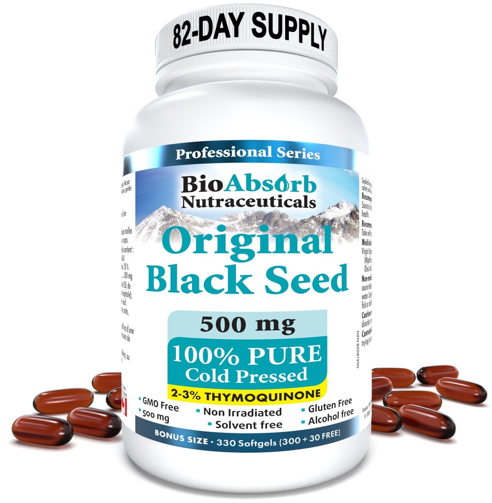 Bio-Absorb Black Seed Oil Kapseln, 82-Tage-Versorgung, kaltgepresstes reines schwarzes Cumin Seed Oil (Nigella Sativa) (330 softgels, 500mg)