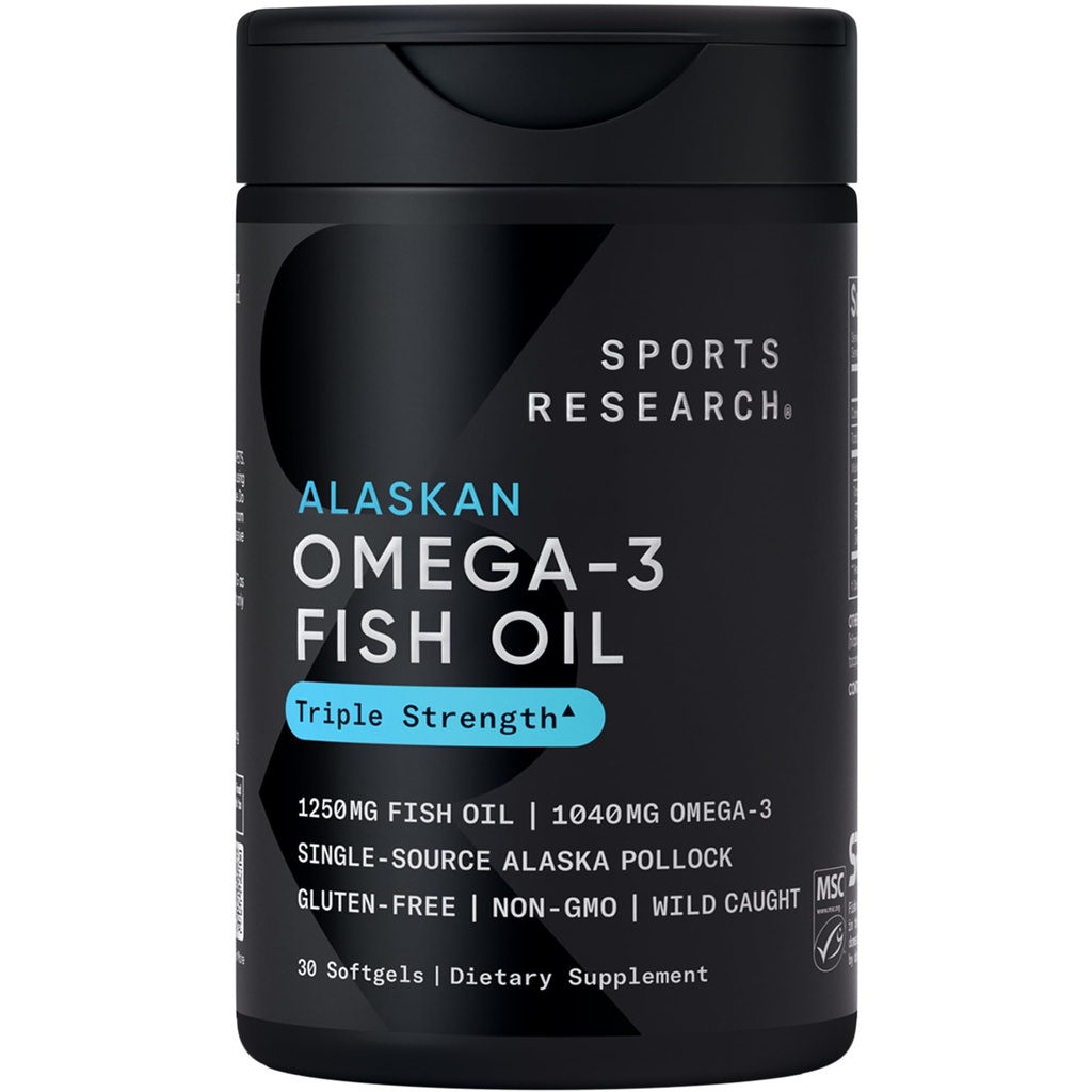 Sportforschung Triple Strength Omega 3 Fish Oil 1250mg von Wild Alaskan Pollock - Burpless Fish Oil Supplement mit Omega-3 EPA & DHA - Sustainable Sourced, Non-GMO, Gluten Free - 30 Softgels