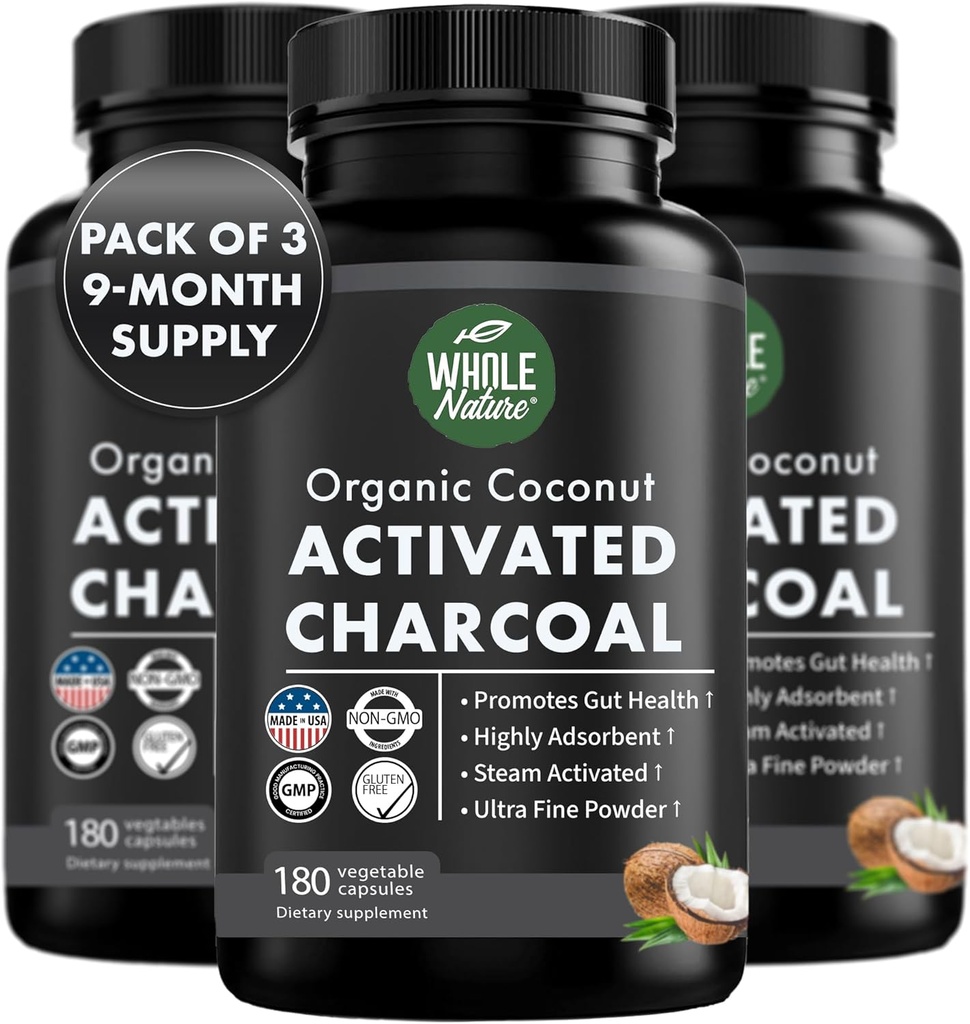 Capsules de charbon de coco activées, 180 Capsules de charbon de bois, Blanchiment des dents, Aide Constipation, Bloating, Gaz d'estomac, Brûlures d'estomac, Supplément dérivé pur de noix de coco (3)