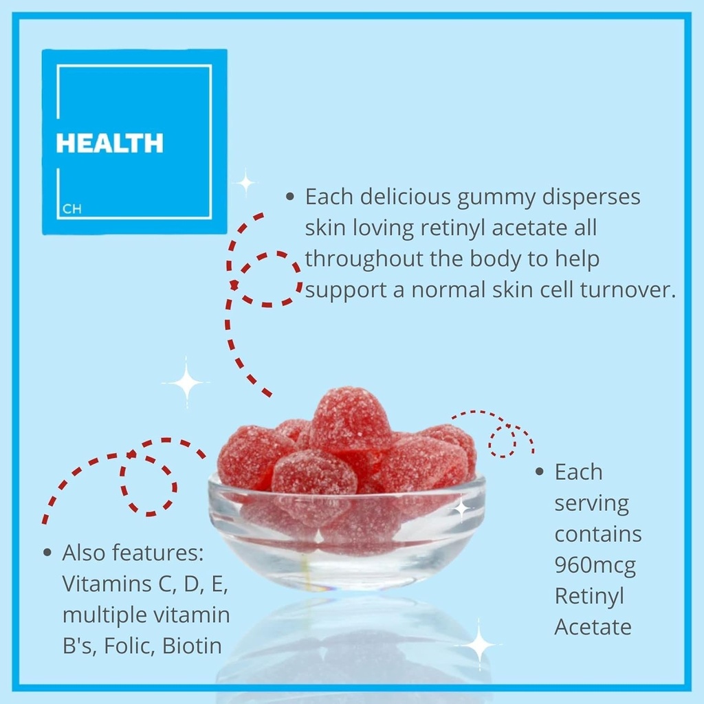 Consult Health Regenerol - Multivitamin Retinol Gummy - Anti-Aging Vitamin A Supplement - Glanz, jugendlich & klar Haut starke Haare & Nägel - Vitamin B6, B12, C,D3, Folsäure, Zink - 60 Gummis
