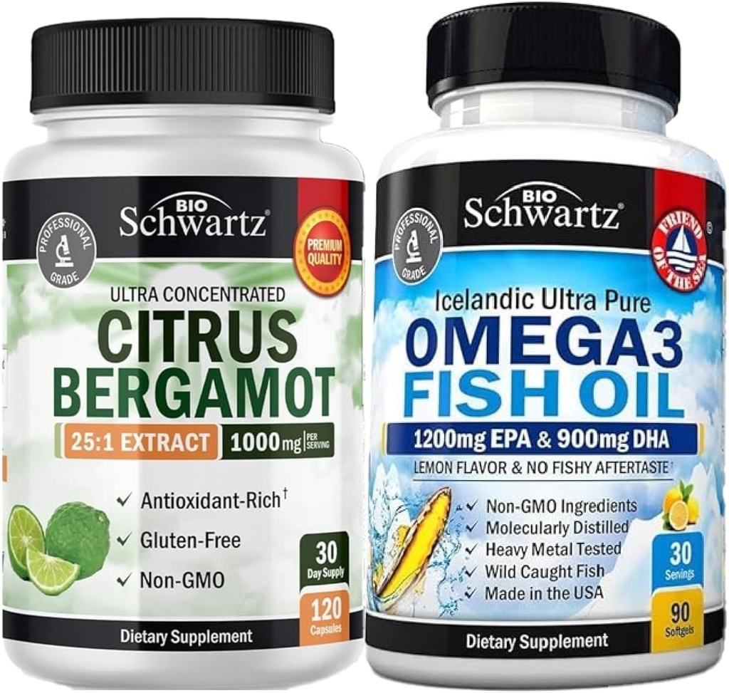 Triple force Oméga 3 huile de poisson softgels (1 mois d'approvisionnement) Plus 1000mg Citrus Bergamot supplément (1 mois d'approvisionnement)