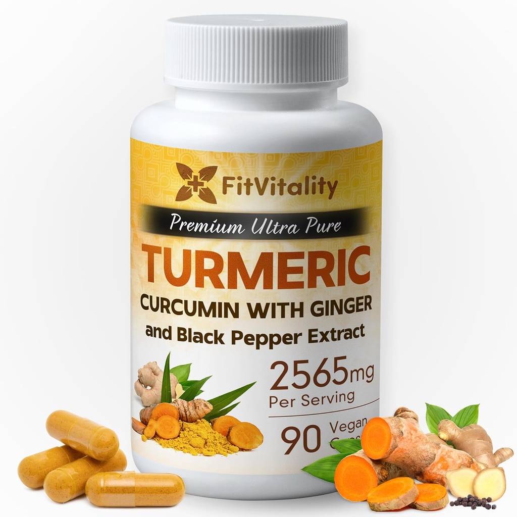 Kurkuma Curcumin 2565 mg, 90 Kapseln, 95% Curcuminoide & BioPerine Black Pepper Extract, Extra Strength Turmeric Supplement, All Natural & Non – GMO, Gluten-Free, Vegan Kapseln