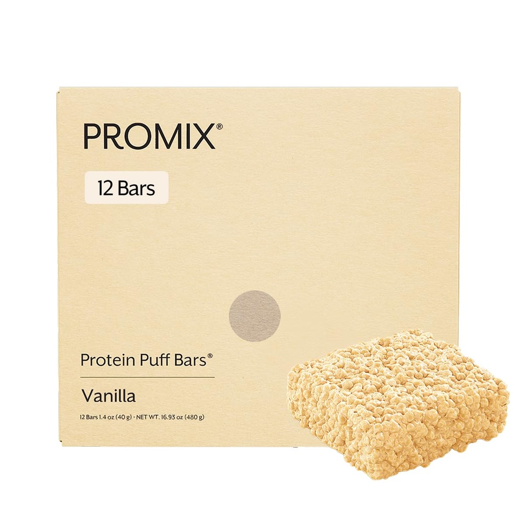 ProMix Nutrition Protein Puff Bars, 12-Pack - Madagaskar Vanille - Marshmallow Crispy Treat - Great Tasting & Healthy On The Go Snack - High Protein & Low Calorie - Non-GMO & Free From Gluten, Soy, & Corn.