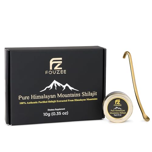 FOUZEE Pure Himalayan Mountains Shilajit - 77% + Acido Fulvico Autentico Difficile Consistenza, Fonte naturale di Acido Fulvico, Oltre 85 minerali di Trace, Include Spoon in acciaio inossidabile (10 grammi)