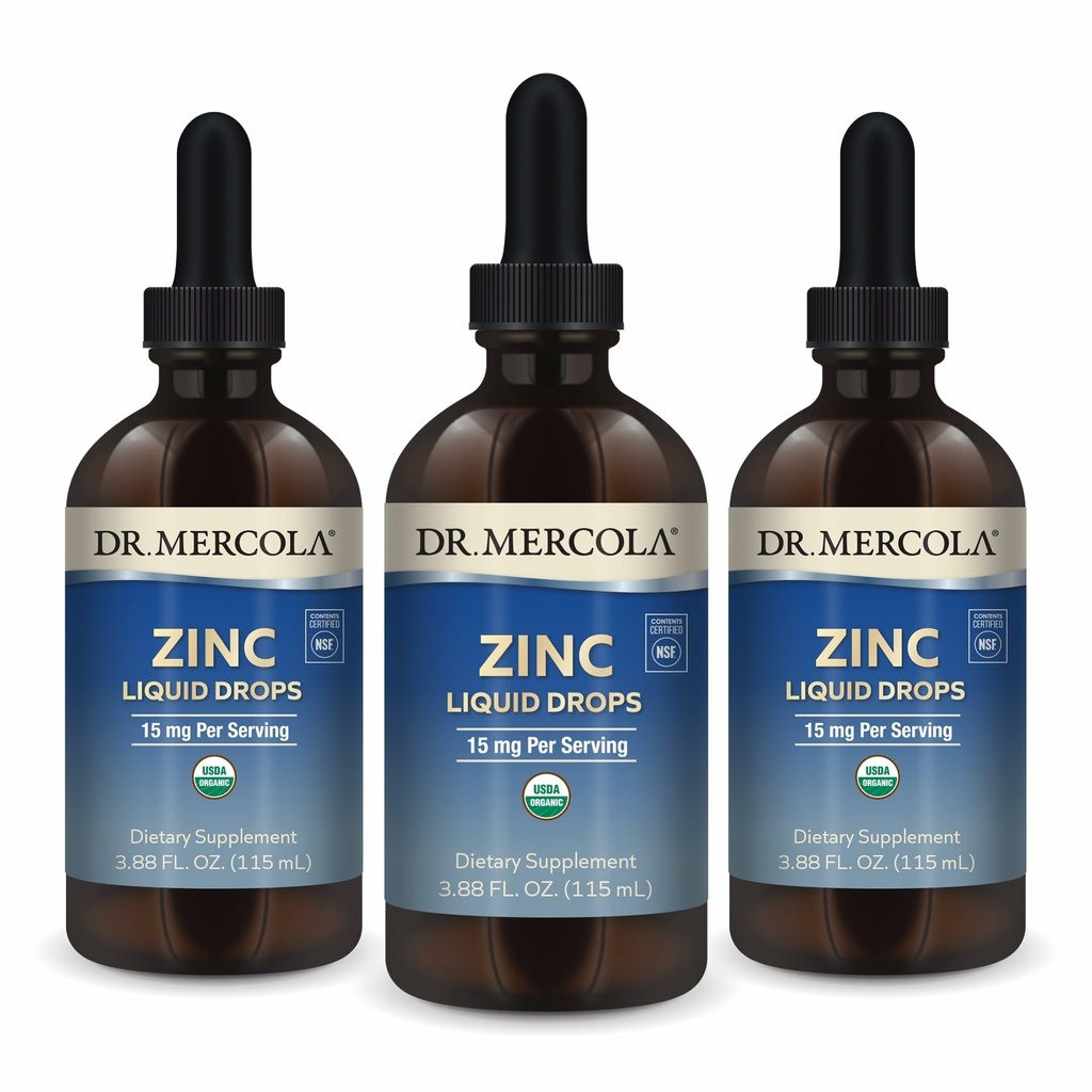 Dr. Mercola Zink-Flüssigtropfen - Unterstützt Immun- & Organ-Gesundheit - 15 mg Organische Zink-Flüssigtropfen - USDA Organic - NSF Zertifiziert - Non-GMO, Gluten-Free & Soy-Free - 3.88 fl oz (3 Pack)