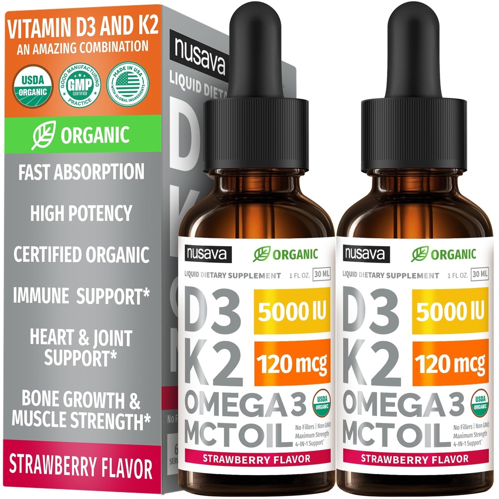 (2 Confezione) Vitamina organica D3 K2 Gocce 5000 UI con Olio MCT Omega 3 - Liquido di Forza Massima D3 con Senza Filler, Non OGM per Assorbimento Più Veloce, Supporto Immune (Strawberry, 2 Fl Oz)