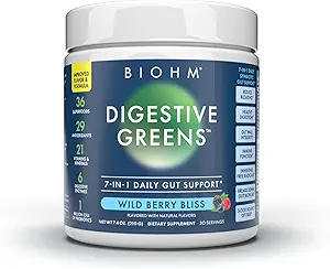 BIOHM Rouges digestifs, poudre superalimentée (7.4 Oz, 30 portions) Antioxydants, vitamines, probiotiques, santé digestive pour les femmes et les hommes avec enzymes, betteraves, Goji, Pomegrante, Red Berry Flavor