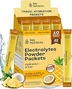 KEY NUTRIENTs Electrolytes Powder Packets - Tropical Pineapple Coconut 40 Pack Hydration Pack Pack Pack Pack Pack Pack Pack - polvere di idratazione di viaggio - senza zucchero, senza calorie, polvere di elettroliti senza glutine di Keto - Made in USA