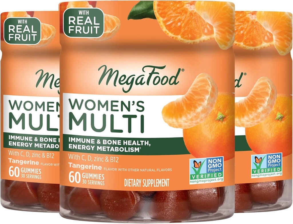 MegaFood Women's Multi - Multivitamin für Frauen-Gummi Vitamine- Vitamin C, Vitamin D, Zink, Vitamin B12 & Choline- Immununterstützung & Knochen Gesundheit- Vegetarisch- Tangerine- 60 Gummis(30 Servierungen) 3 Pack