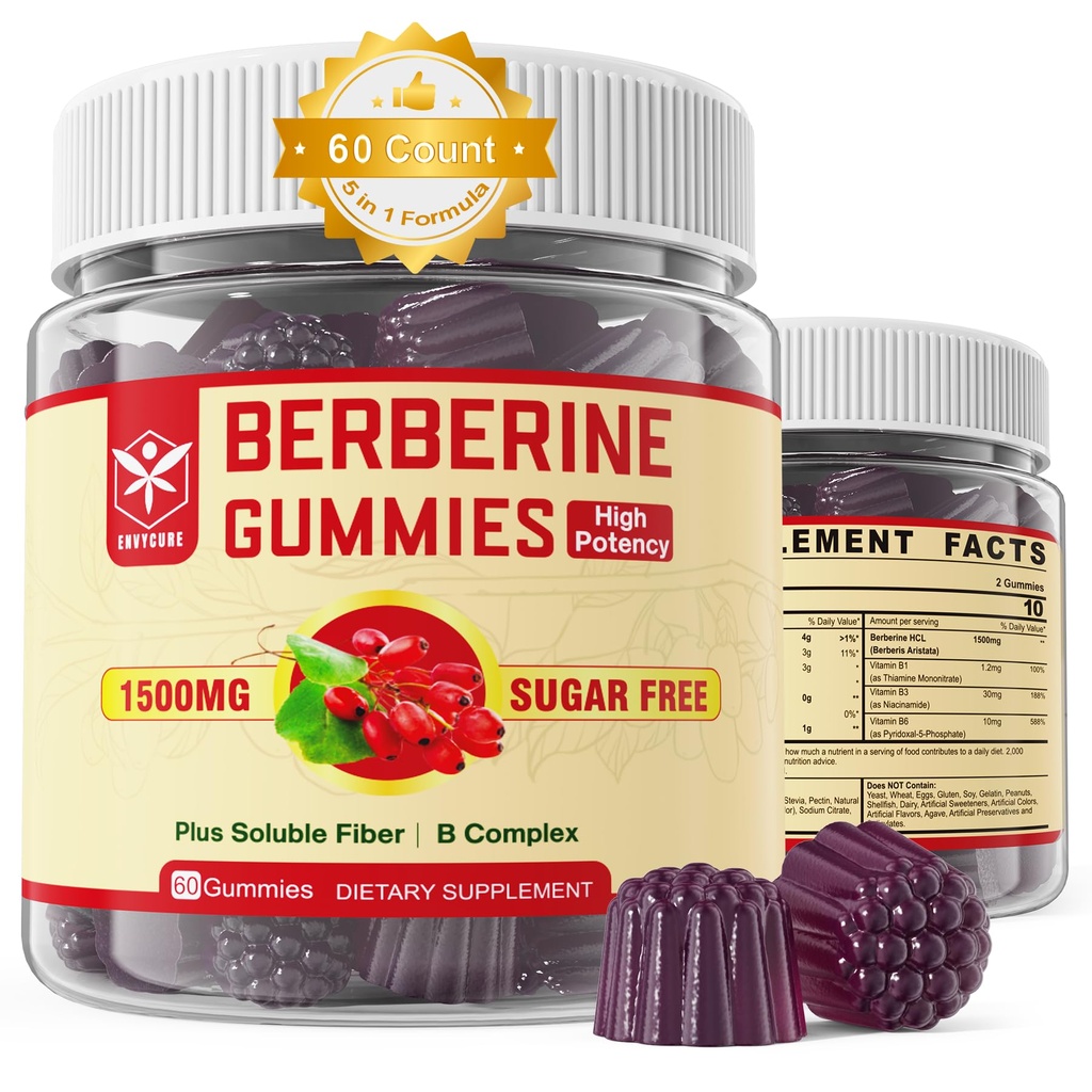 Supplément berbère 1500mg avec fibre soluble, B1, B3 & B6, sans sucre Gommies HCL berbère, haute biodisponibilité AMPK Activateur pour Mętâbõlism équilibré, quotidien digestif et corps Mânâgęmęnt, 60 Cts