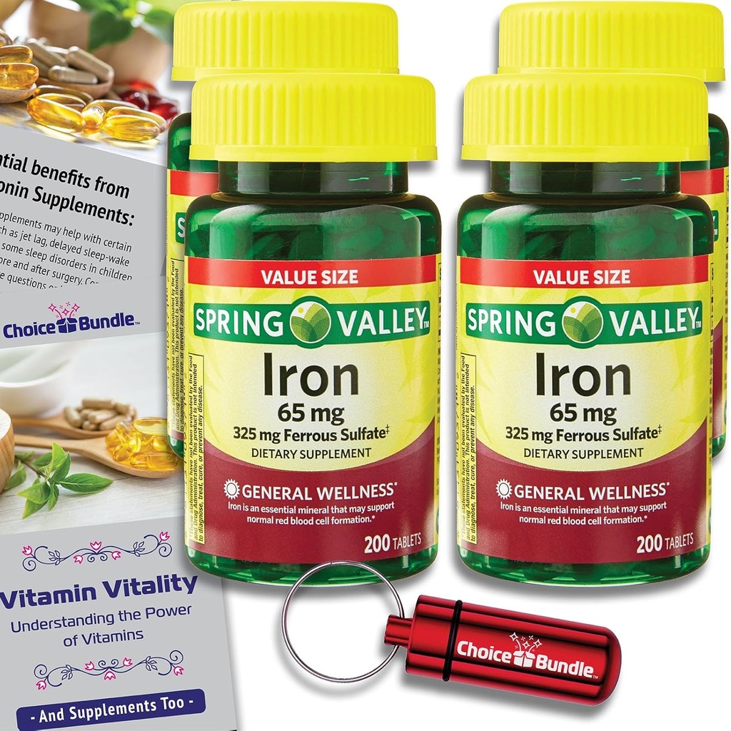 Spring Valley Eisen Tabletten Nahrungsergänzungsmittel Größe 65 mg 200 CT 4 Pk Choice Bundle (800 Gesamt) + Vitamin Vitality Guide & Pill Container (6 Artikel)!