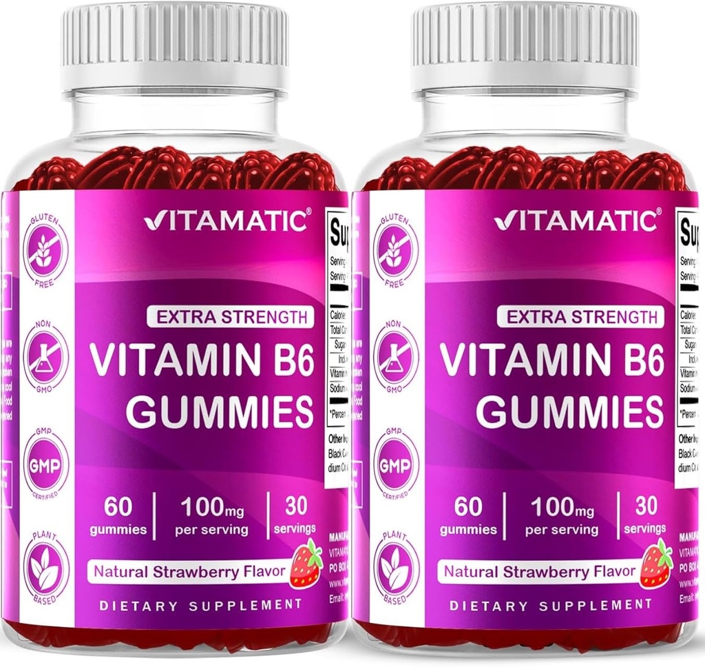 Vitamatic 2 Packs Vitamin B6 100mg Gummi – Natürliche Erdbeer-Flaschen – 60 Pectin-Based Gummis pro Flasche – Nervous System & Energy Support