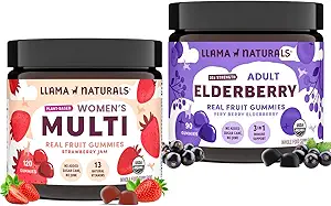 Llama Naturals Adult Elderberry Gummies + Women's Multivitamin Gummies Bundle | No Aggiunto Sugar Cane | Vegan | Organic | 2 Bottiglie