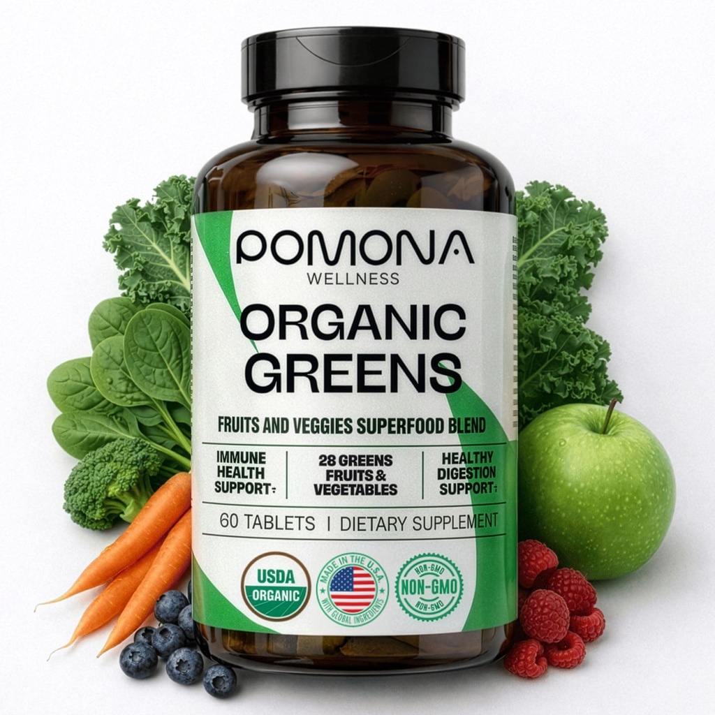 Pomona Benessere Super Greens Supplemento, Pieno di Superfood Vitamine & Minerali, Frutta & Verdura, Greens Polvere per Bloating and Digestion, Gut Health, USDA Organic, Non OGM, 60 compresse