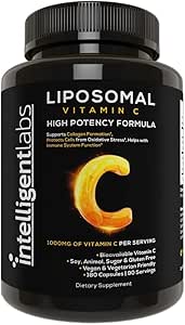 Laboratoires intelligents Vitamine liposomique C 1000mg, 180 Capsules Végétiques, Biodisponible, Support Énergie et Immune, Supplément antioxydant avec huile MCT et lécithine de tournesol, approvisionnement de 90 jours