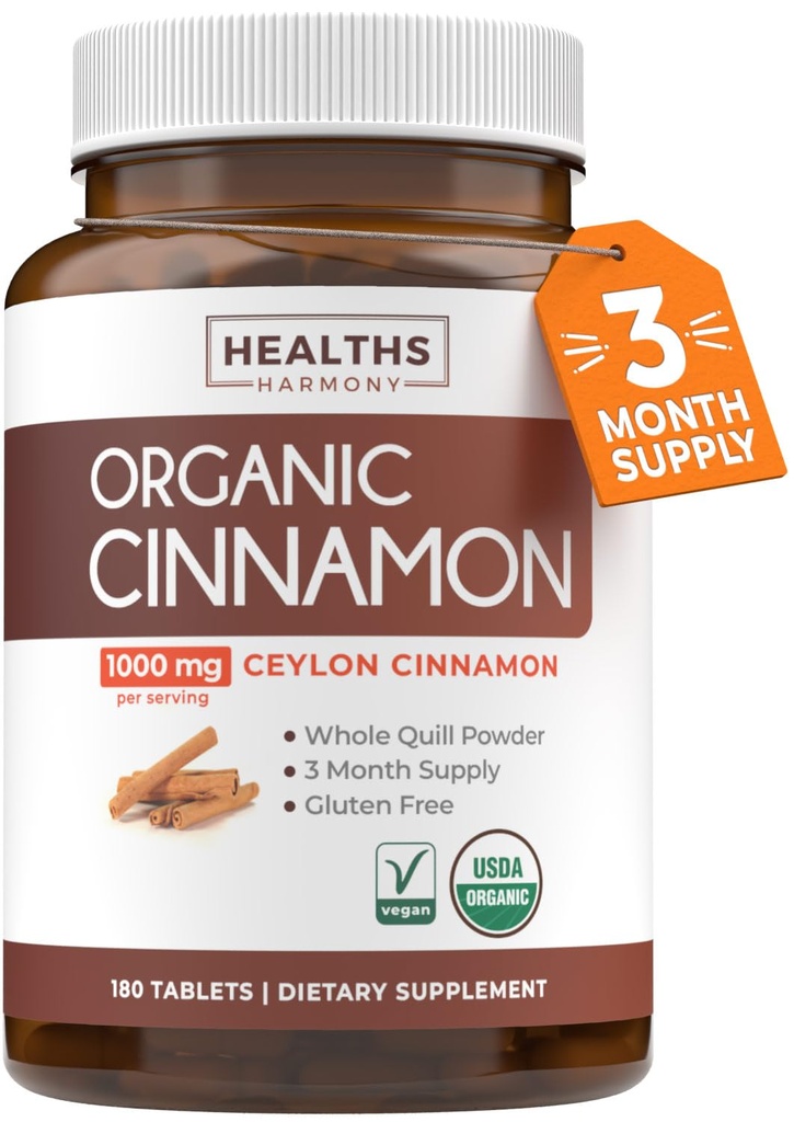 USDA Organic Ceylon Cinnamon Pillole - High Potency Ceylon Cinnamon Supplemento con 1000mg per Serving per il supporto completo antiossidante Corpo - Vegan Non OGM cGMP Made & Lab verificato (3 mesi di alimentazione)