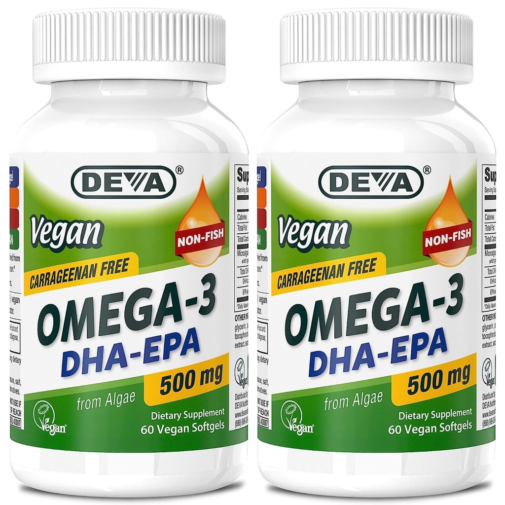 DEVA Vegan Omega-3 DHA-EPA 500MG 2-Pack – Kein Carrageenan, Non-Fish Oil abgeleitet von Algae, Non-GMO, 60 Gelatin-Free Softgels Ea