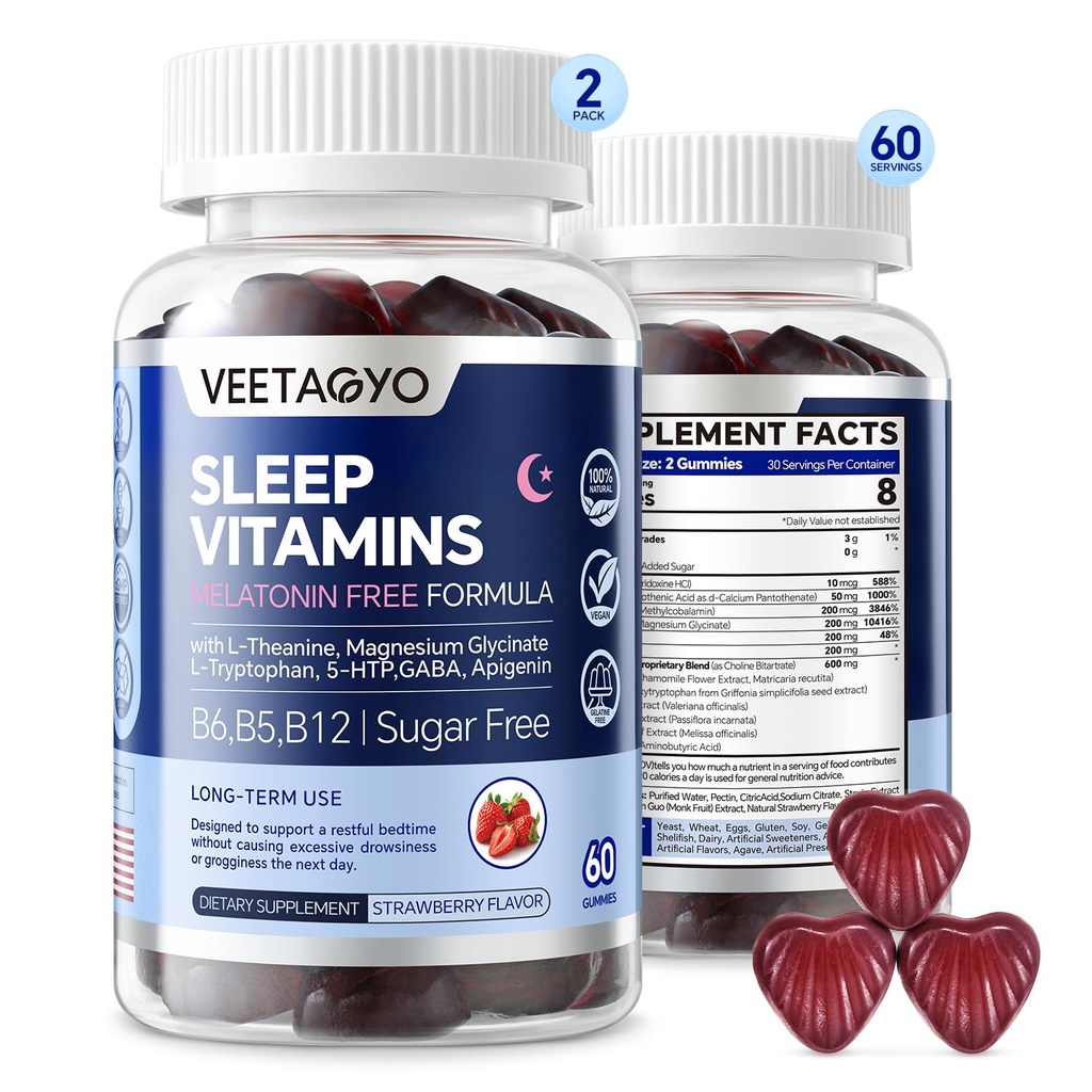 Melatonin Free 5-HTP GABA Supplement Gummi für Erwachsene & Kinder 12+ mit L-Theanin, Magnesium Glycinate, L-Tryptophan, Apigenin - Zuckerfrei, Erdbeeren-Flaschen, Vegan, 120 Count
