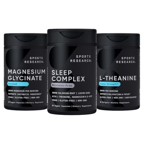 Sports Research® De-Stress & Sleep Bundle - Melatonin-Free Sleep Complex, Double Strength L-Theanine Supplement and 160 mg Chelated Magnesium Glycinate for Focus, Relaxation & Sleep Support