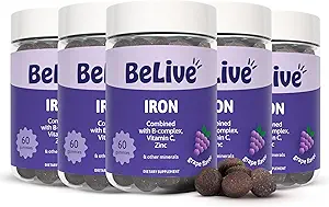 BeLive Iron Gummies - Multivitamin Eisen Ergänzung mit Vitamin C, A, B & Zink, unterstützt Blutsauerstoff, Vegan Ergänzungen für Frauen, Männer & Kinder für Wachstum und Entwicklung - Trauben Flavor | 5-Pack