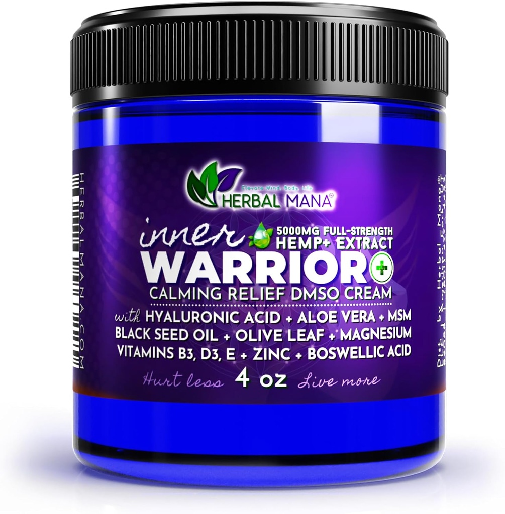 Crema guerriero di erbe Mana interna, 5000mg Canapa, 99,9% Pure DMSO, Nerve Calming, Rilievo muscolare - Magnesio organico, MSM, Lavanda & Rose Oil