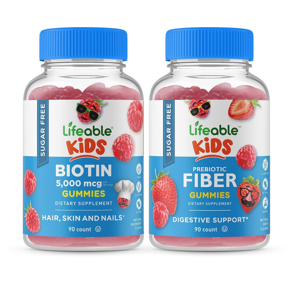 Lebensfähiger Zucker Free Biotin Kids + Preciotic Fiber Kids, Gummies Bundle - Great Tasting, Vitamin Supplement, Gluten Free, GMO Free, Kaugummi