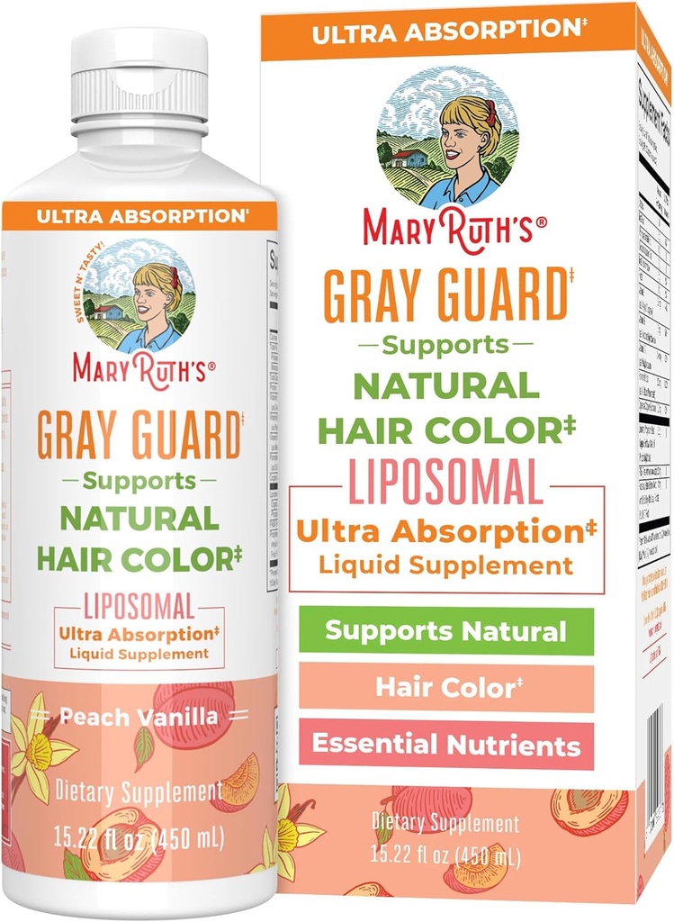 MaryRuth Organics Gray Guard Liposomal, Supporta il colore dei capelli naturali, con l'acido rame & pantotenico, il basilico santo & erbe tradizionali, la vitamina E & vitamina B per la salute generale, età 18+, 15.22 Fl oz