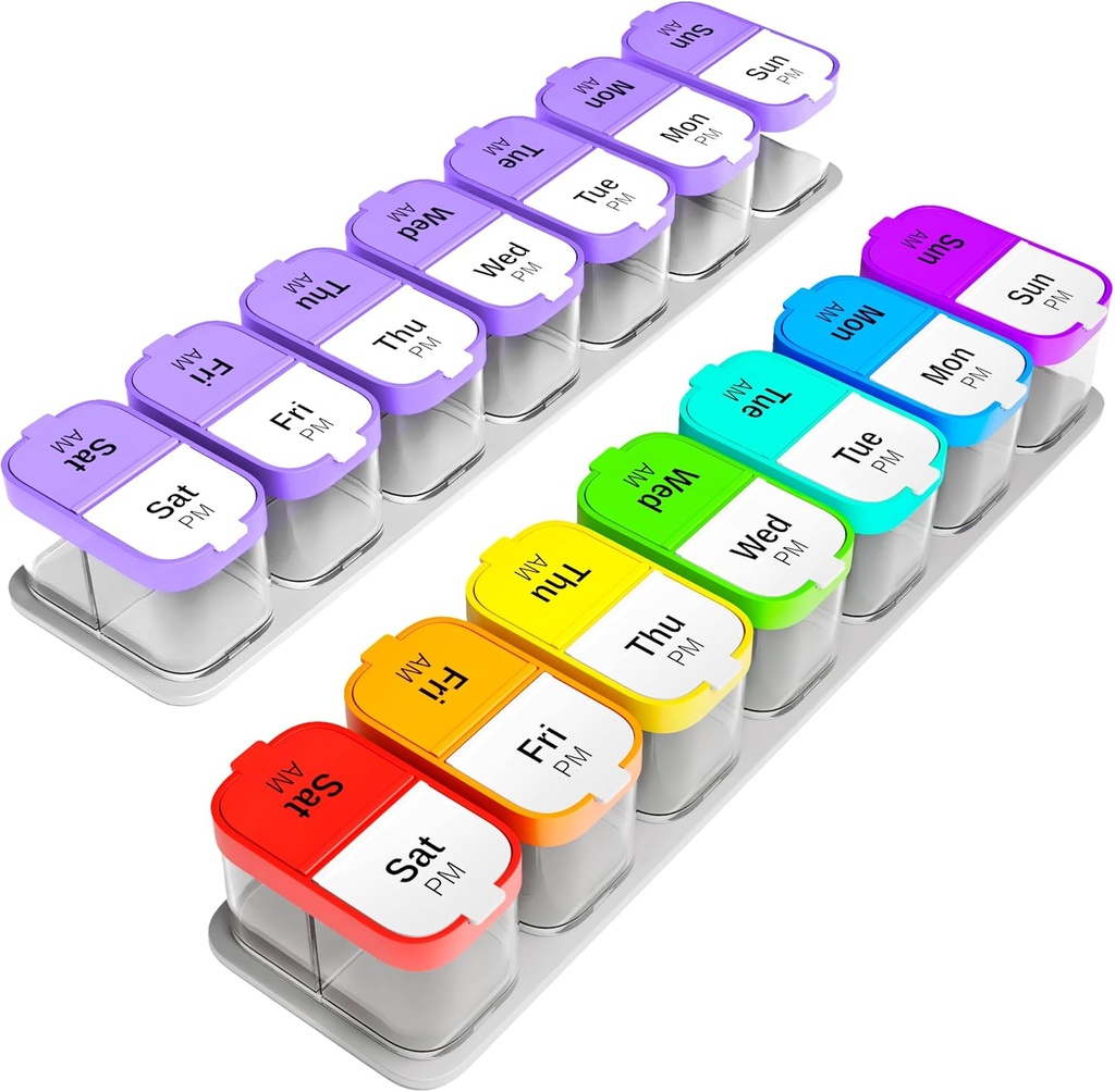 Ensemble d'organisateur de pilules hebdomadaires extra grande - 2 supports de vitamines XL avec 7 compartiments de PM amovibles - Distributeur de médicaments fiable pour la maison et le voyage, grand contenant de supplément, arc-en-ciel et violet/blanc