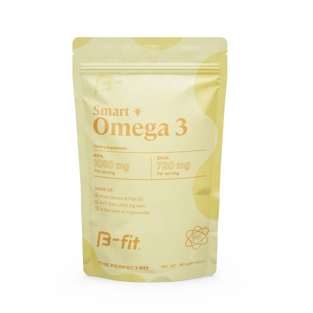 B-FIT Omega 3 Fischöl - Hochpotenz patentierte Formel - 1800 mg mit 1080 mg EPA & 720 mg DHA - 180 Odorless Softgels aus norwegischem Lachs - 60-Day Supply - Herz, Gehirn & Gelenkunterstützung
