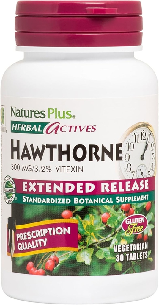 Natures Plus Herbal Actives Hawthorne - 300mg, 3,2% Vitexin, 30 Vegan Tablets - 30 Serve