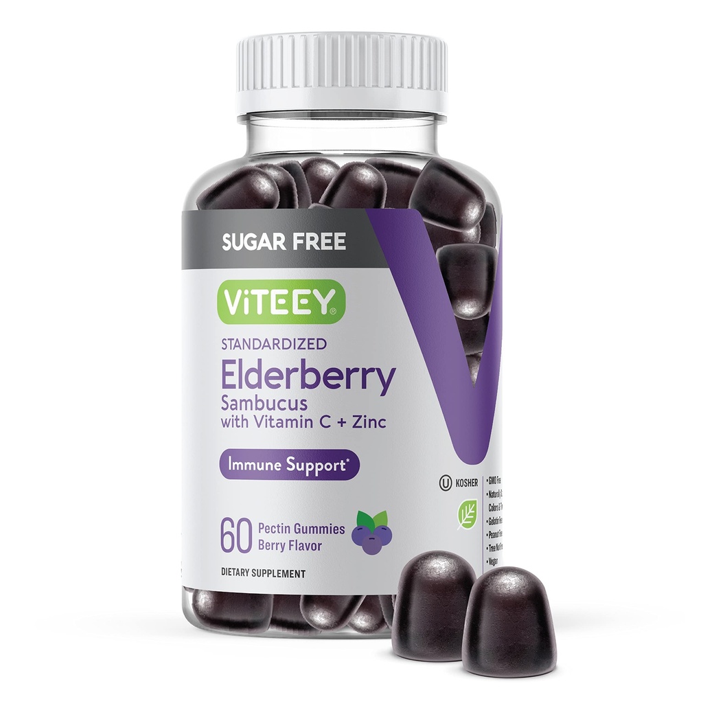 VITEEY Sambucus Elderberry Gummies für Erwachsene & Teens + Zink & Vitamin C - Zuckerfrei - Immununterstützung & Booster Kräuterergänzung - Vegan, Glutenfrei, Gelatin frei, GMO frei, Chewable Berry Flavored