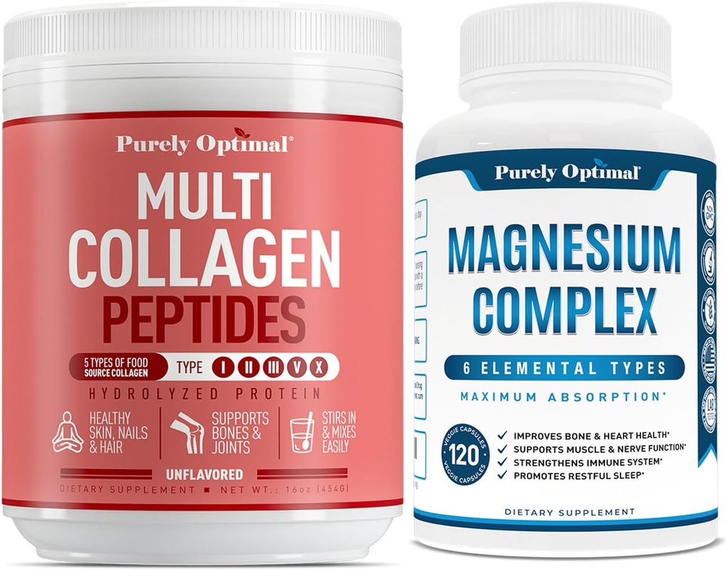 Pure Optimal Premium Multi Collagen Powder + Premium Magnesium Complex - Magnesium Citrat, Malat, Muskelentspannung - 120 Kappen