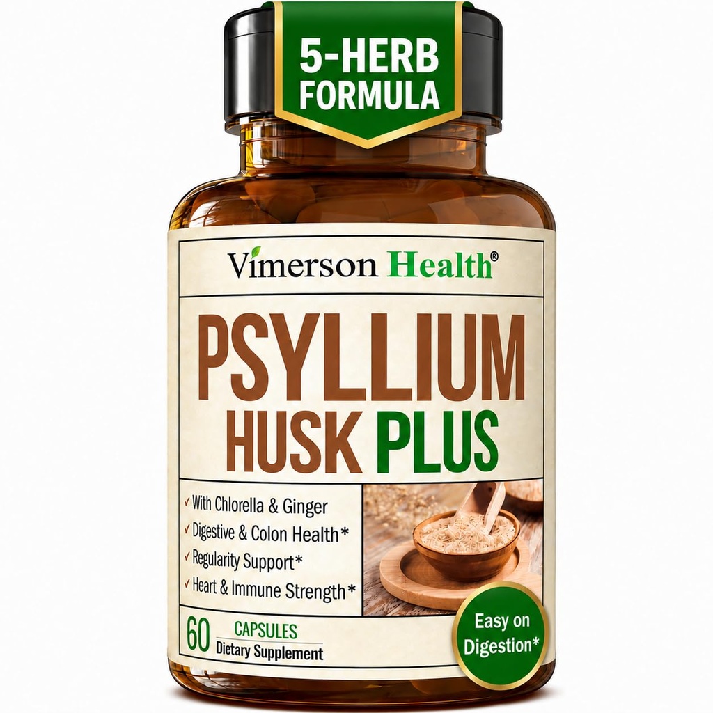 Fiber Supplement mit 1080mg Psyllium Husk Pulver, Slippery Elm für Damen und Herren, Ginger Root – High Fiber Pills for Regularity, Digestive & Gut Health – Gentle on Stomach 60 Psyllium Husk Kapseln