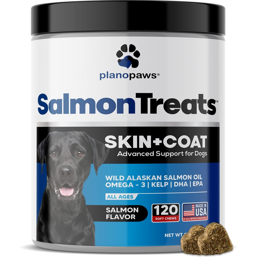 Huile de saumon sauvage de l'Alaska pour chiens - Supplément de peau et de manteau de chien - Shedding & Ditch Relief pour chiens - Omega 3 Huile de poisson pour chiens Chews - 120 Chews Allergie de chien - Supplément de Shedding de chien - Vitamines de chien