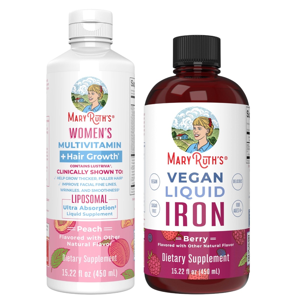 MaryRuth's Women's Multivitamin + Hair Growth Liposomal (Peach) & Iron Liquid (Berry) | Clean Label Project Verified® | Supplements für Schönheit, Immunität, & Gesamtgesundheit | Vegan, Non-GMO, Gluten-Free