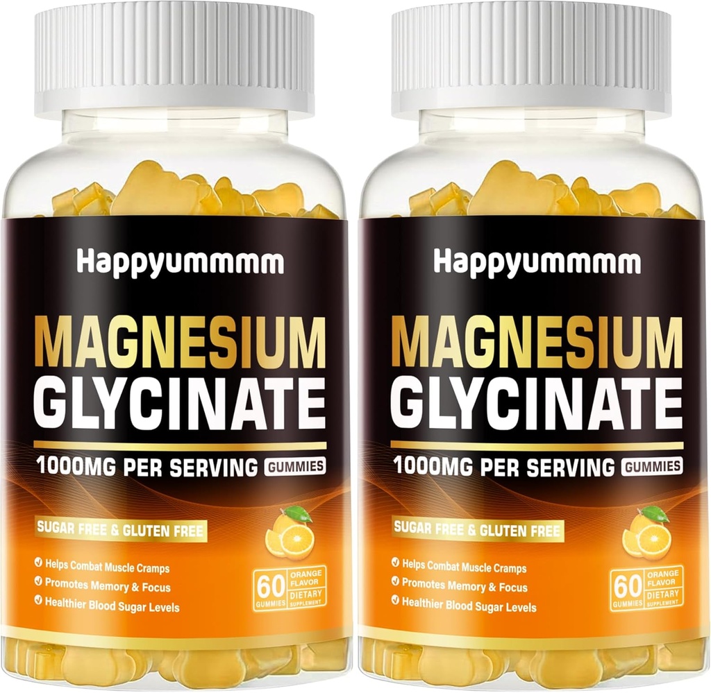 Magnesium Glycinate Gummies 1000mg - Sugar Free Magnesium Potassium Supplement with Vitamin D, B6, CoQ10 for Calm Mood & Sleep Support - 120 Orange Gummies.