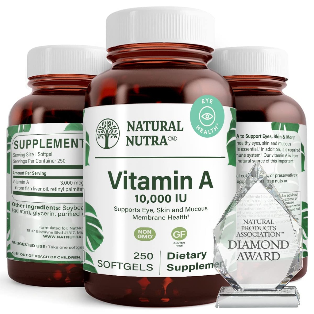 Vitamina Nutra Naturale A 10,000 IU Softgels – Alta potenza Occhi e Vitamine Pelle – Vitamina senza glutine Un supplemento per la salute della vista e della pelle – Olio di fegato di pesce per gli uomini e le donne, senza glutine, 250 Softgels