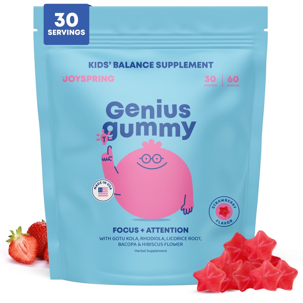 JoySpring Genius Kids Focus Gummies – Natural Herbal Brain Supplement for Kids | Vegan, Gluten-Free, Sugar-Free with Bacopa, Gotu Kola, Rhodiola – 60 Count